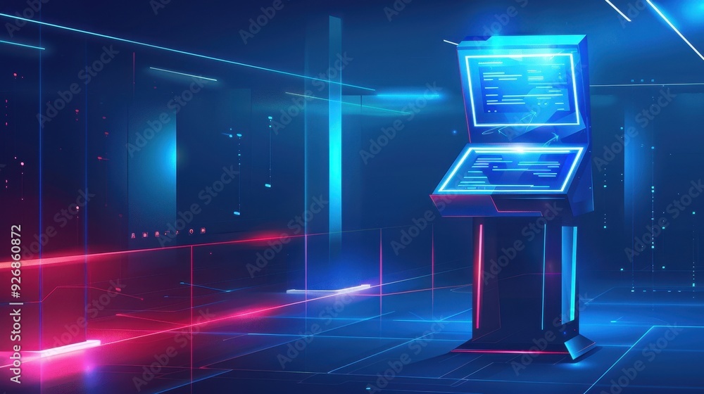 Poster futuristic computer terminal in a neon-lit room with glowing screens and digital data streams, repre
