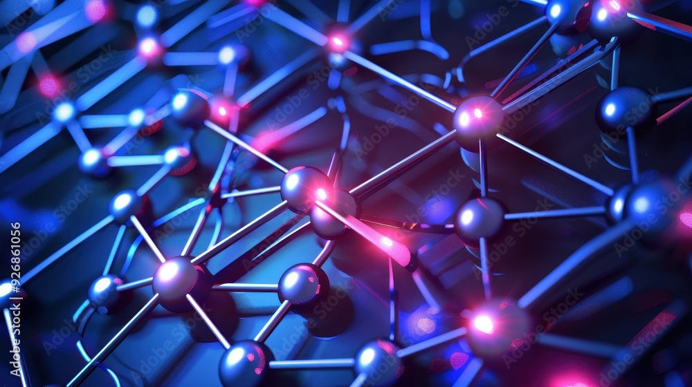 Poster abstract 3d of molecular structure with glowing nodes, illustrating connectivity and technology in a