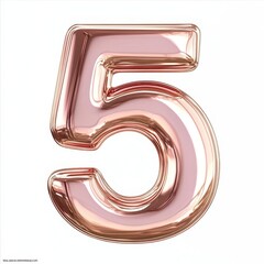 Shiny rose gold number 5, isolated on white background.