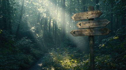 Old wooden signpost with multiple arrows, standing in a dense forest, with sunlight filtering through the trees