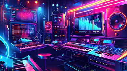 Obraz premium Futuristic music studio with neon lights, synthesizers, and digital sound equipment creating an electronic atmosphere for music production.