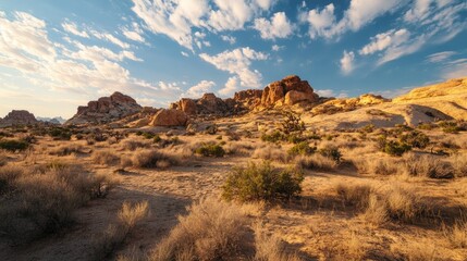 Naklejka premium Rocky outcrops in a desert, with scattered shrubs and a wide, open sky above, under the midday sun
