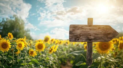 Rustic wooden sign with a directional arrow, standing in a sunflower field, with a bright, sunny sky