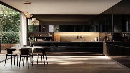 Modern Kitchen with Black Cabinets and Glass Doors