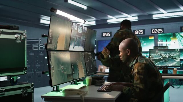 Air force officer and coworker talking while performing tactical level surveillance in command post. Teamworking military professionals using radar equipment to look at assault zones, camera B