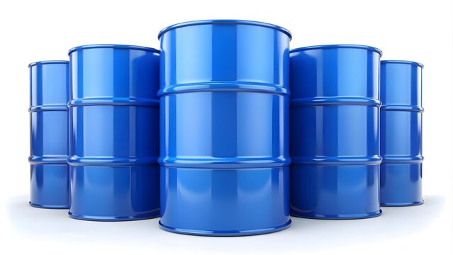Realistic blue barrels isolated on white background. rendering, blue, barrels, realistic, isolated