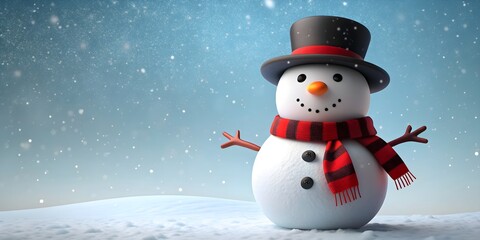 Fototapeta premium Cartoon snowman wearing a red and black scarf and a black hat, winter, holiday, Christmas, seasonal, cute, snow, frosty, snowflake