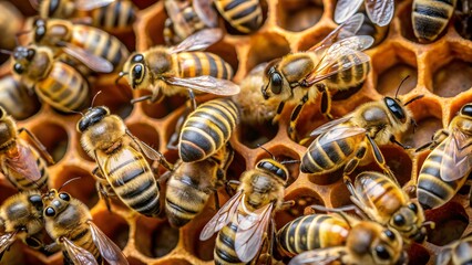 Close up of Apis mellifera bees in a hive , bee, hive, breeding, close up, honey, insects, nature, pollination, colony