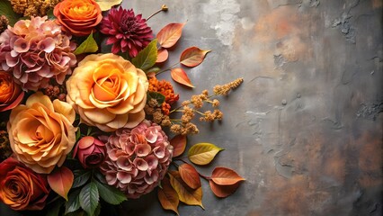 Autumn-themed creative composition with roses and hydrangea flowers on gray background, perfect for fall designs