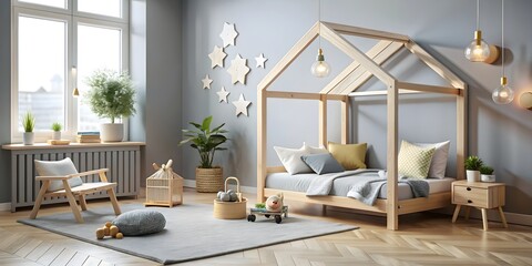Fototapeta premium Scandinavian-style children's room with house-shaped bed frame, wooden furniture