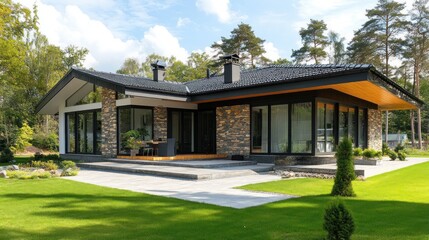 Modern house with stone facade and large windows