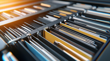 a sleek office document organizer displaying an array of files and folders arranged in precise rows