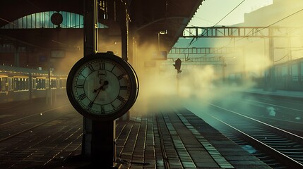 Alarm clock on the platform of a railway station at sunset. © Md Mojammel