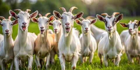 Funny goats with silly expressions playing in a grassy field, goats, hilarious, comedy, animals, playful, humor, farm, livestock
