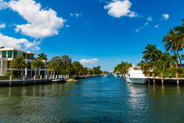 Summer vacation in tropical residential house. Luxury summer villa with yacht pier. Vacation in summer paradise. Luxury house apartment at summertime holiday. Travel to bay at Florida neighborhood
