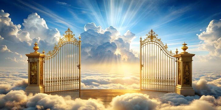 Golden gates shining among fluffy clouds in a heavenly sky, heaven, gate, clouds, golden, glorious, sky, celestial