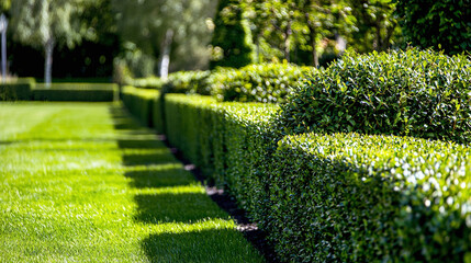 a row of neatly pruned hedges, showcasing sharp lines and symmetrical shapes, top-tier gardening and landscape design services