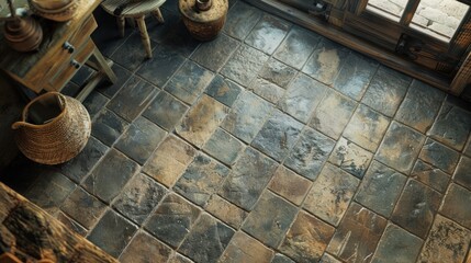 A rustic tile floor with natural stone textures, offering a cozy and earthy feel.