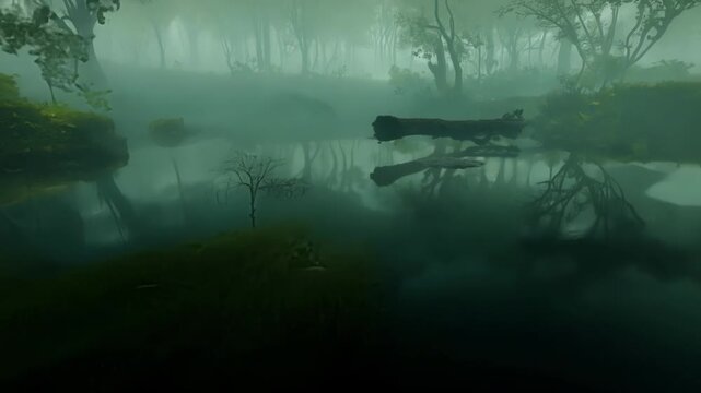 Spooky and mysterious swamp reflecting in the water at night, with fallen trees and branches creating an eerie atmosphere