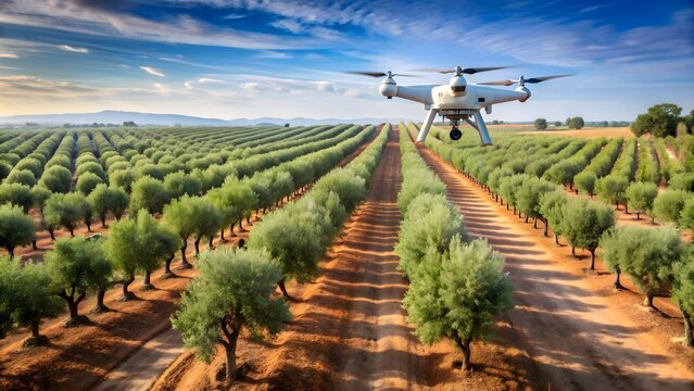 Drone technology being used to monitor and inspect olive trees in a smart agriculture setting, Drone, Agriculture - Powered by Adobe
