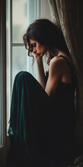Obraz premium Sad woman sitting alone by a window