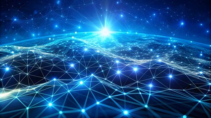 Obraz premium Futuristic blue digital landscape with moving dots and network connections in space, futuristic, flying,blue
