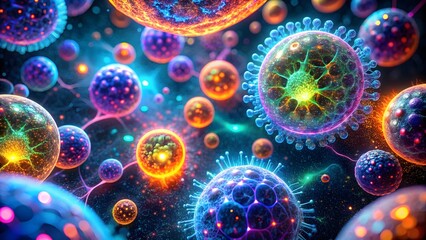 Vibrant and surreal microscopic images of glowing neon cellular dynamics , biological, cells, microorganisms, abstract