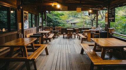 Fototapeta premium Wooden Terrace Restaurant with Tables and Benches