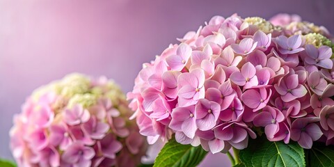 Fototapeta premium Cluster of hydrangea flowers in pale pink to light purple isolated on background, hydrangea, flowers, cluster, pale pink