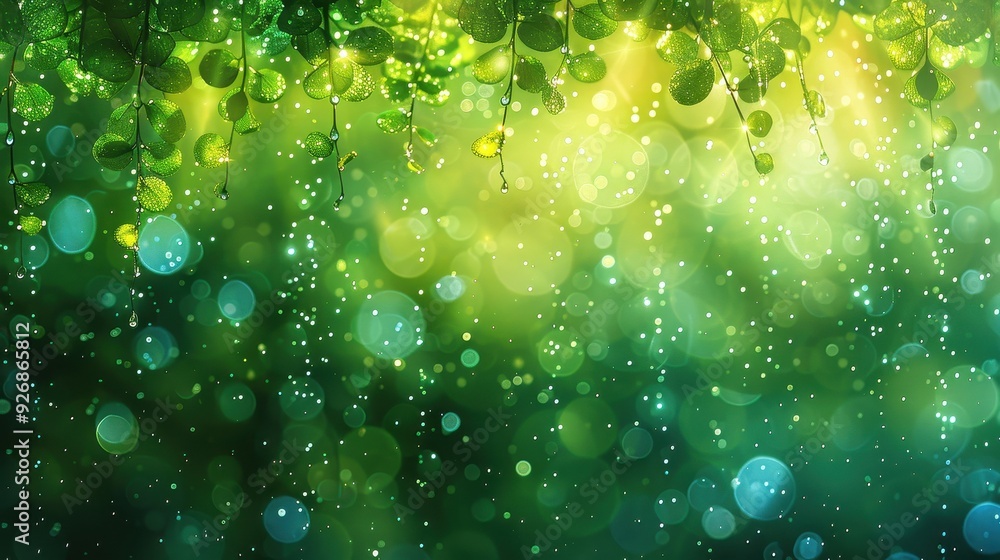 Poster Green Leaves with Rain Drops and Bokeh Effect