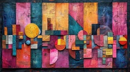 Fototapeta premium Abstract Wooden Art with Geometric Shapes and Vibrant Colors