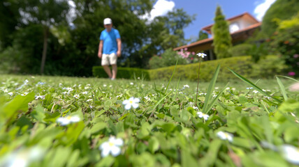 Naklejka premium Man Walking in a Blossoming Garden