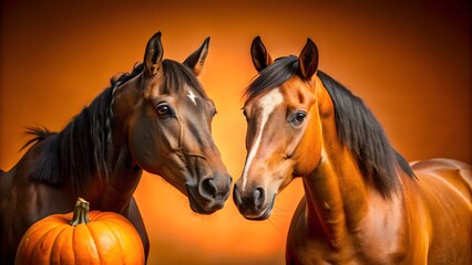 Fototapeta premium Portrait of two horses with Halloween pumpkins on orange background, horses, Halloween, pumpkins, orange, background, spooky