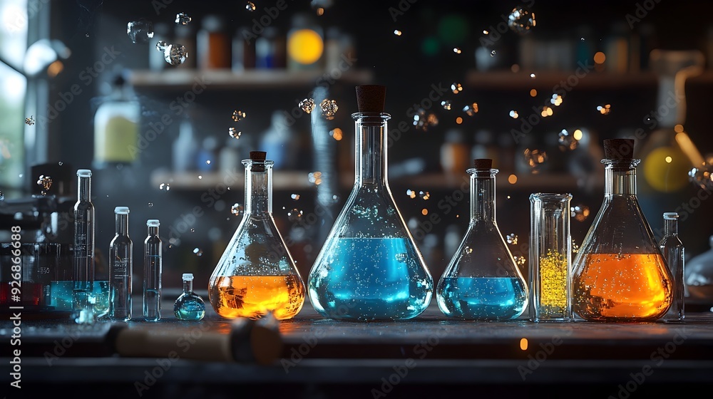 Poster captivating 3d rendered visualization of a complex chemical experiment showcasing intriguing reactio