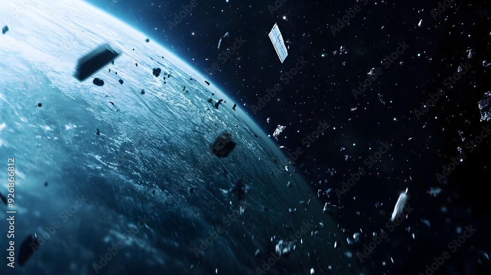 Poster Close up of Fast Moving Space Debris Captured in High Detail Floating in the Vastness of Space