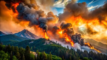 Fototapeta premium Wildfire burning in the mountains , Fire, flames, forest fire, disaster, danger, smoke, blaze, inferno, nature