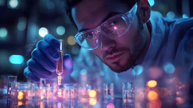 Researcher Carefully Adds Precursor to Solution in 3D Rendered Laboratory