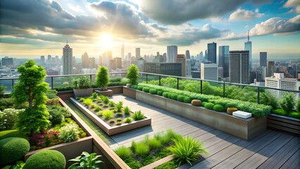 Fototapeta premium Urban rooftop green garden with stunning cityscape view , rooftop, green, garden, cityscape, urban, skyline, plants