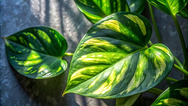 Green variegated leave hanging scindapsus pictus exotica plant with background and shadows, tropical, houseplant, foliage