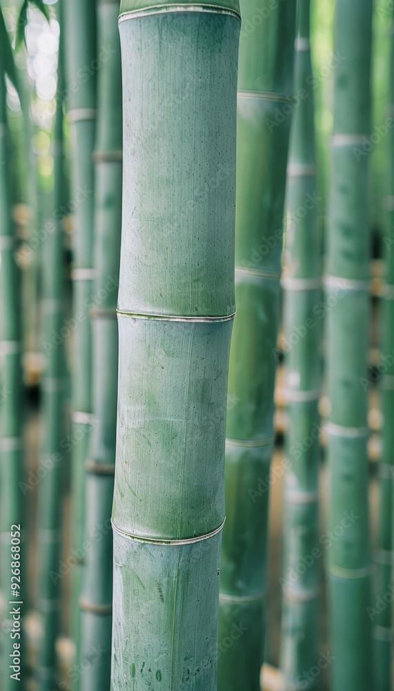 Wall mural close-up of lush green bamboo culm highlighting a segment of its natural segmented structure.