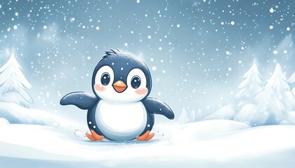 A flat art illustration of a baby penguin sliding on its belly across the ice, with a happy expression and a snowy landscape in the background copy space for text, high detailed