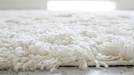 Close up of a white rug with a high shag background