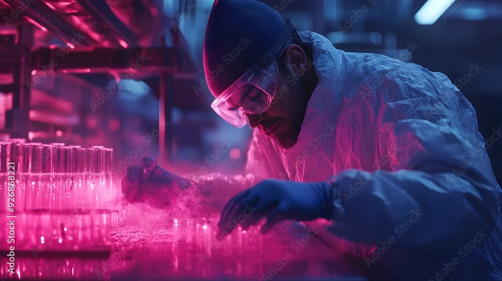 Poster scientist examines precursor decomposition at high temperatures in 3d rendered laboratory setting