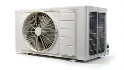 External air conditioner unit with compressor on a white background, split system, cooling unit