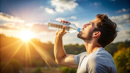 Man drinking water from a bottle in hot weather to cool down, hydration, water bottle, heat, refreshing, thirst, outdoors, summer