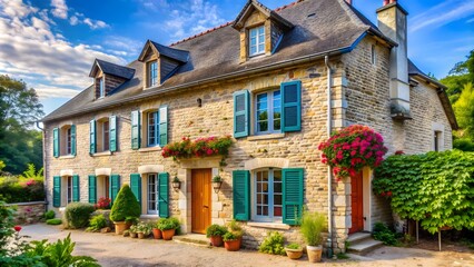 Beautiful French countryside maison with stone exterior and colorful shutters, French, countryside, house
