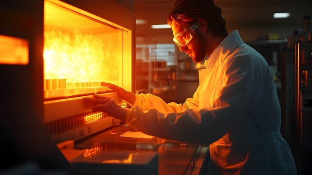 A 3D rendered image of a scientist examining the decomposition of a precursor at high temperatures in a laboratory setting