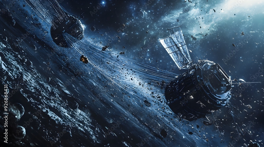 Poster Conceptual Space Cleanup Mission Spacecraft Deploying Nets to Capture Orbital Debris