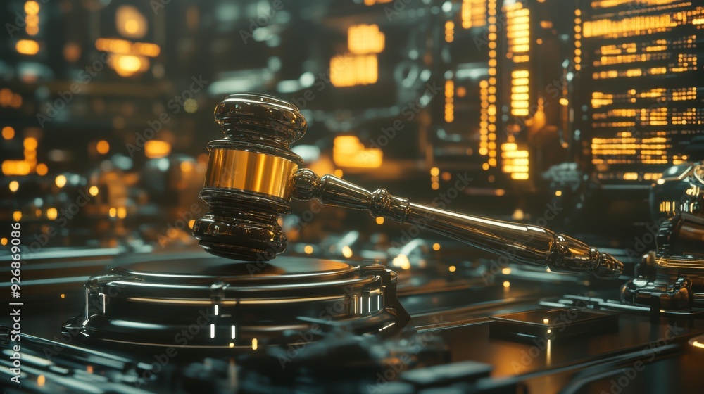 Poster the judge's gavel floats in virtual space, symbolizing the enforcement of cybersecurity laws.