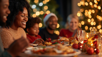 A happy family having dinner at Christmas time. Candid natural view.